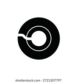 Black circle with a white gap and a smaller white inner circle on a white background