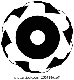 A black circle with a white circle inside, surrounded by a patterned, spiky design.