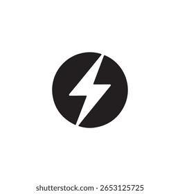Círculo negro con rayo blanco sobre un Diseño gráfico de fondo blanco. Ideal para uso energético, tecnológico, eléctrico e industrial. Símbolo de relámpago de Vector simple.