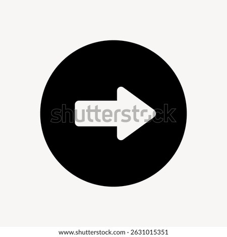 Black circle with a white right arrow. Right arrow icon in a circle. Simple right arrow symbol. Minimalist right arrow design in black and white vector graphic.