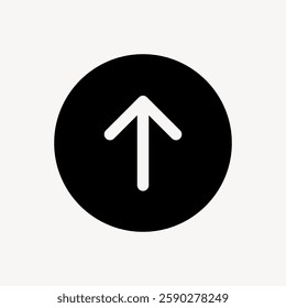 Black circle with a white upward arrow. Simple arrow design. Arrow pointing up. Upward arrow in a black circle. Navigation symbol. Isolated vector element.
