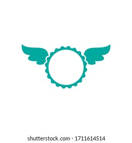 Black circle with wings  Flat sticker icon. Medal or label isolated on white. Accept button. Vector award illustration. Quality check. Certified medal. Approved stamp. Valid seal