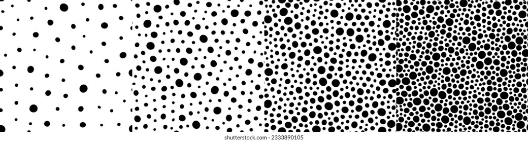 Black circles background, seamless patterns. Vector simple repeatable backdrop set. Minimalistic wallpapers.