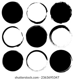 Black circles. Brush round shapes. Black graphic elements for product design, banners and buttons. Vector illustration.