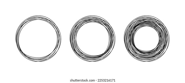 Círculos negros de dibujo continuo de una línea. Marco circular redondo de esbozo y contorno de la pluma de burbuja de voz con espacio vacío en el interior sobre fondo transparente blanco. Ilustración del vector Doodle