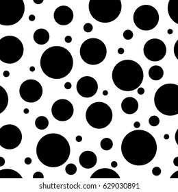 Black Circles of Different Sizes on White Background, Seamless Abstract Pattern for Fabric and Wrapping Paper, Vector Illustration 