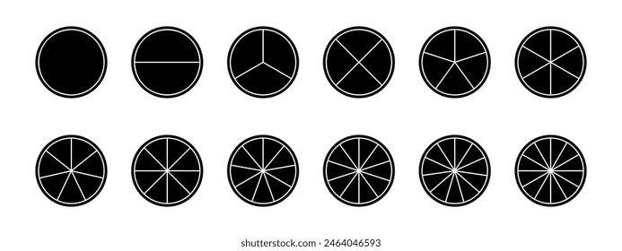 Círculos negros divididos en fracciones de 1 a 12 aislados sobre fondo blanco. Formas redondas cortadas en partes iguales. Diagramas circulares simples, ruedas estadísticas, gráficos de negocios. Ilustración vectorial.