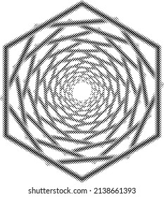 Black circles, hexagon frame. Spirograph halftone on the white background. Vector illustration.