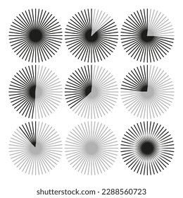 black circles rays. Black background. Abstract geometric round shape. Graphic element. Vector illustration.