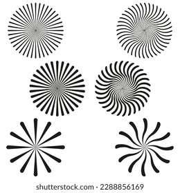 black circles rays. Black background. Abstract geometric round shape. Graphic element. Vector illustration.