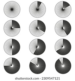 black circles rays. Black background. Abstract geometric round shape. Graphic element.