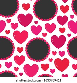 Black circles and red pink scattered hearts design seamless pattern on white background. Vector can be used for greeting cards and wedding digital artwork or stationery.