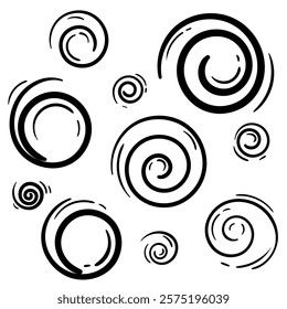 Black circles, spirals, springs, rounded lines. Simple black and white set of vector elements, abstract shapes. Editable templates for design