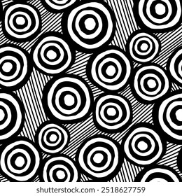 Círculos pretos e linhas finas isoladas em fundo branco. Padrão sem emenda geométrico abstrato monocromático. Vetor simples gráfico plano desenhado à mão ilustração. Textura.