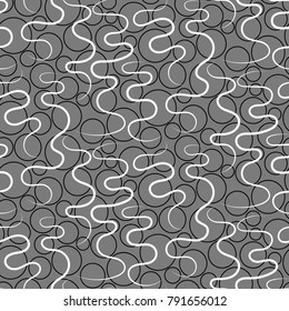 Black circles and white waves. Seamless gray background