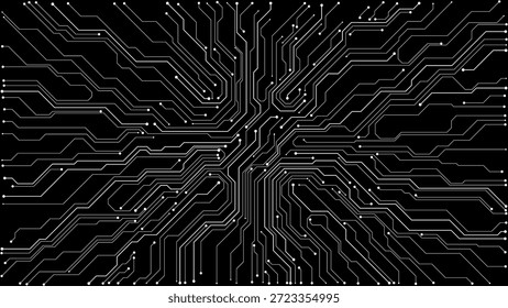 Fondo de placa de circuito negro con rutas electrónicas detalladas y puntos de conexión, ideal para conceptos de tecnología e ilustraciones digitales modernas. Ilustración vectorial digital