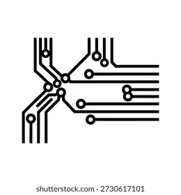 Diseño de placa de circuito negro sobre fondo blanco con líneas y nodos interconectados