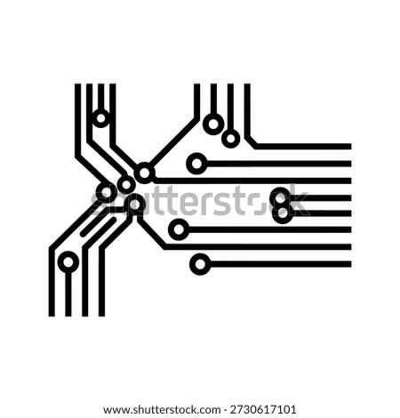 Black circuit board design on white background with interconnected lines and nodes