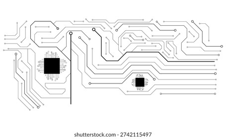 A black circuit board design with two microchips and intricate pathways on a white background. Scalable vector format suitable for print and digital media.