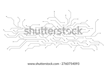 Black circuit board lines with dots and nodes on a white background representing electronic data flow patterns