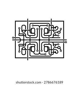 Black circuit board on white background, maze-like pattern