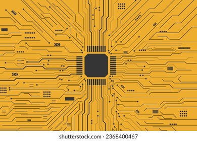 Diagrama de circuito negro sobre fondo amarillo. Sistema de conexión de tarjetas de circuitos de alta tecnología.Concepto de CPU de procesadores de computadoras centrales. tecnología de fondo blanco.