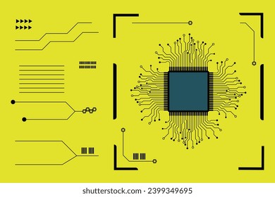 Black circuit diagram on yellow background. High-tech circuit board connection system.Central Computer Processors CPU concept. technology on yellow background. 