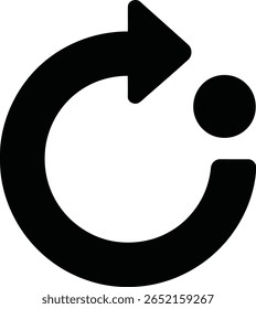 Ícone de seta preta circular com um ponto ao lado em um plano de fundo branco
