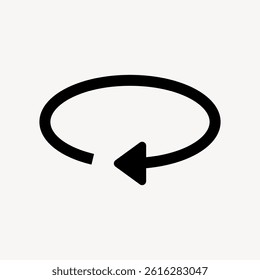 Black circular arrow icon indicating a 360-degree rotation. Simple, minimalist design. Arrow points left, symbolizing rotation, movement, and direction. Arrow vector graphic.