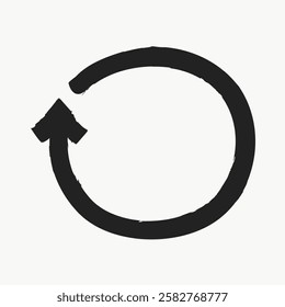 Black circular arrow icon on a white background. The arrow forms a complete circle, symbolizing recycling, refresh, or repeat. Simple and bold design. Black doodle arrow illustration vector.