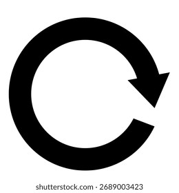 Black circular arrow icon representing refresh or reload concept. Simple and bold design suitable for interface, update, synchronization, or rotation symbols in web and app design.