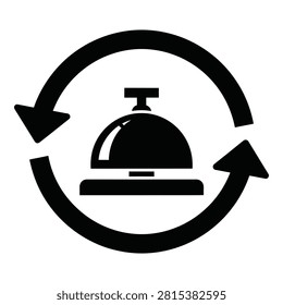Black circular arrows surrounding a service bell icon. Represents continuous customer service, hotel hospitality, refresh cycle, or ongoing support.