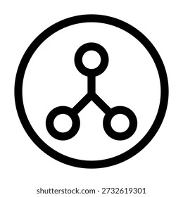 Black circular border enclosing a branching structure with three nodes connected by lines. Represents the Ripple (XRP) network, connectivity, distributed financial technology, and inter-bank settlements in a simple, monochromatic style.