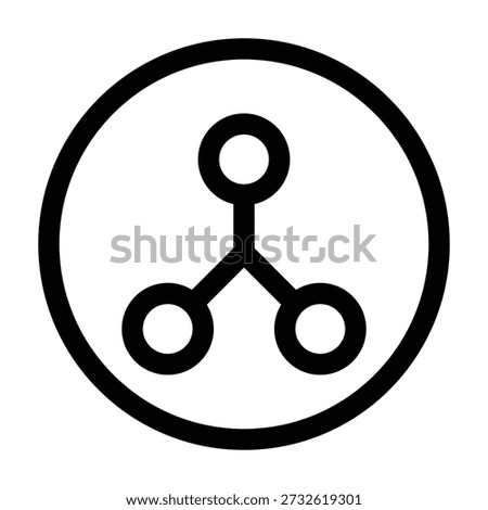 Black circular border enclosing a branching structure with three nodes connected by lines. Represents the Ripple (XRP) network, connectivity, distributed financial technology, and inter-bank settlements in a simple, monochromatic style.