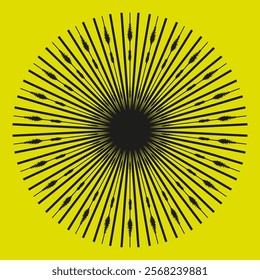 Black circular center. Radiating spiked lines. Yellow background art. Modern abstract shape.