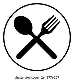 Black Circular Cutlery Icon, Spoon and Fork Symbol Vector.