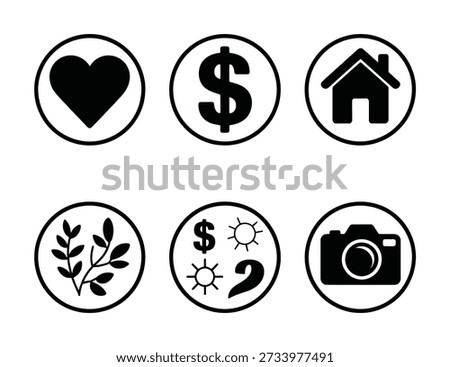 Black circular depicting a heart a dollar sign a house a plant a sun and a camera money home