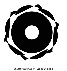 A black circular design with a white center, and a pattern of overlapping shapes.

