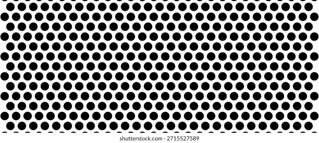 Puntos circulares negros sobre fondo blanco. Estampado de agujeros en mosaico. Textura metálica perforada. Tablero de clavijas, radiador o superficie de la parrilla del altavoz con agujeros redondos repetidos. Vector ilustración gráfica.