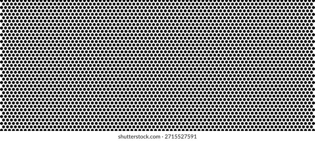 Puntos circulares negros sobre fondo blanco. Estampado de agujeros en mosaico. Textura metálica perforada. Tablero de clavijas, radiador o superficie de la parrilla del altavoz con agujeros redondos repetidos. Vector ilustración gráfica.
