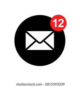 Black circular email icon with envelope symbol and red notification badge showing 12 unread messages.