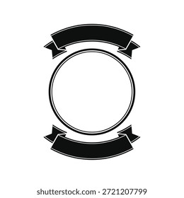 Emblema circular negro con dos cintas curvas arriba y abajo sobre un fondo blanco.