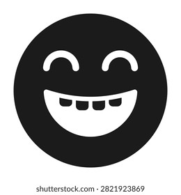 A black circular emoji icon featuring a wide, toothy grin and curved eyes. This graphic represents happiness, joy, and positive emotions. Ideal for digital communication and design.