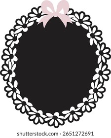 Black circular floral frame with white flowers and pink bow, ideal for Breast Cancer Awareness cards, templates, print designs, and supportive visual content