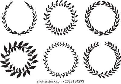 black circular folatile laurel branches vintage frame set vector illustration