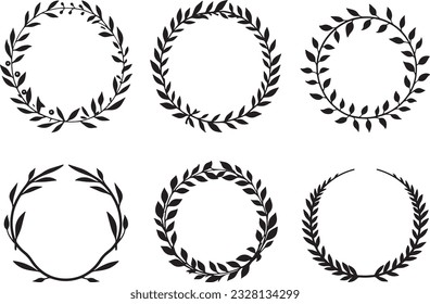 black circular folatile laurel branches vintage frame set vector illustration