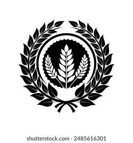 black circular foliate laurels branches. Heraldic trophy crest, Greek and Roman olive branch award, winner emblem