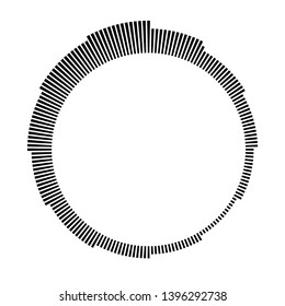 Black circular frame on white background. Round shape. Radial black concentric particles. Black ring of short thin rays. Sound wave. Sun ray or star burst element. Vector monochrome illustration.