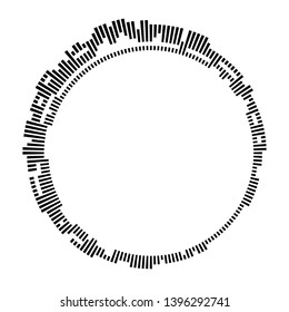 Black circular frame on white background. Round shape. Radial black concentric particles. Black ring of short thin rays. Sound wave. Sun ray or star burst element. Vector monochrome illustration.