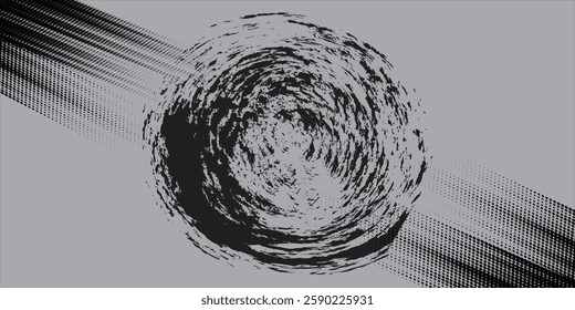 black circular grunge texture, brush strokes isolated on gray background.

